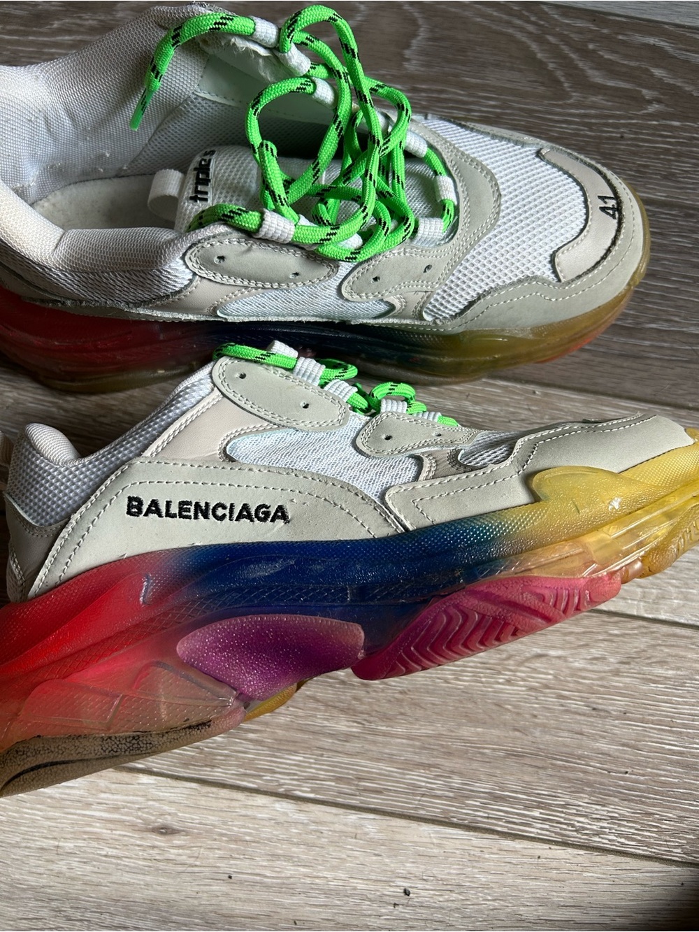 Men’s Balenciaga Triple S Rainbow Sole Sneakers - White with Multicolor Accents - Picture 2 of 5